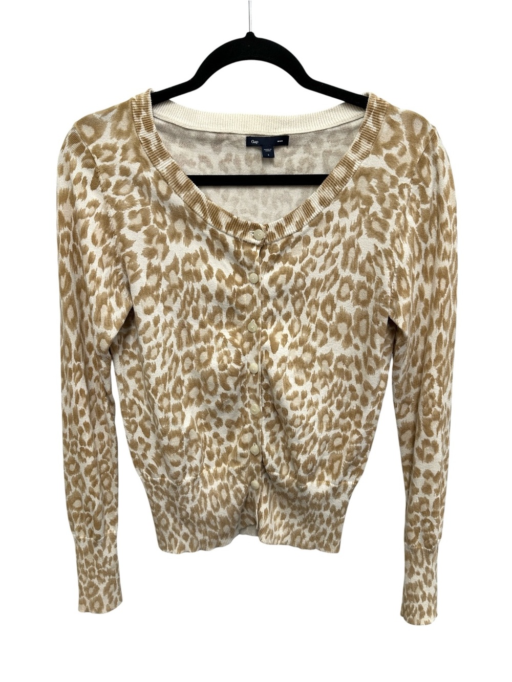 GAP cream tan leopard animal print cardigan sweater Size S 100% cotton